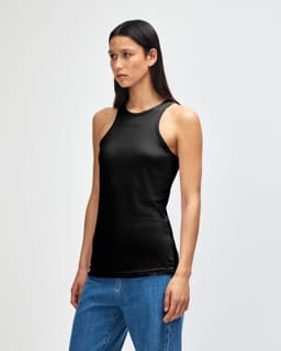A black racerneck tank top with a fitted design and a logo, worn by a model against a plain background.