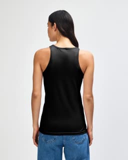 A black women's racerneck tank top viewed from the back, featuring a simple and fitted design.