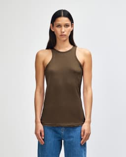 A fitted women's racerback tank top in olive green with a branding logo.