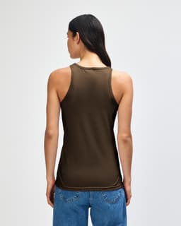 A women's racerneck tank top in olive green, featuring a fitted design and a logo on the back.
