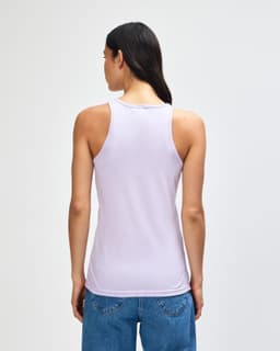 A women's racerneck tank in light purple, featuring a logo, showcased from the back view.