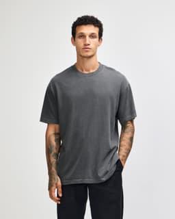 A grey heavyweight cotton T-shirt with a crew neck and short sleeves, featuring a logo.
