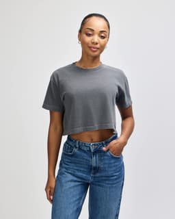 A grey crop boxy t-shirt made from heavyweight cotton, featuring a relaxed fit and short sleeves.