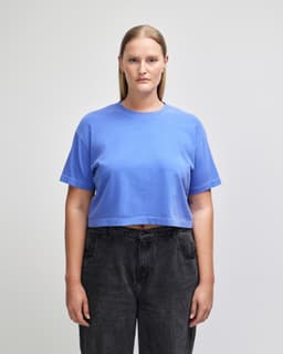 A blue, heavyweight cotton women's crop boxy T-shirt displayed on a model, featuring a logo.