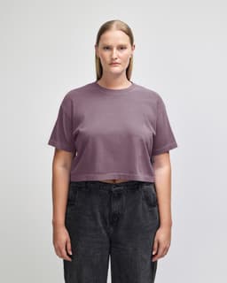 A women's cropped boxy T-shirt in a muted mauve colour, featuring short sleeves and a relaxed fit. It has a logo.