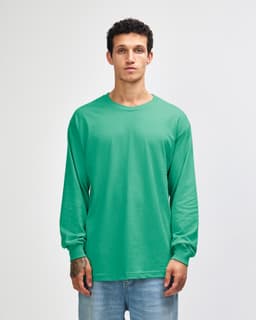 A long sleeve unisex T-shirt in a light blue colour, featuring a logo on the front.