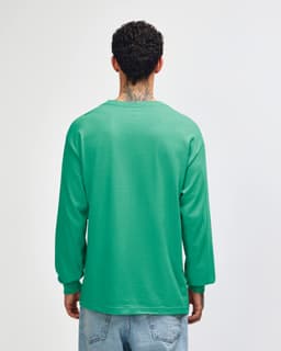 A unisex long sleeve T-shirt in light mint green, featuring a simple design and a logo on the back.