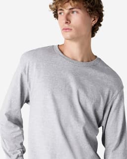 A lightweight, unisex long sleeve T-shirt in grey, featuring a round neckline and a subtle logo.