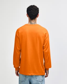 A long sleeve unisex t-shirt in bright orange, featuring a logo on the back.
