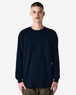 A heavyweight cotton unisex long sleeve T-shirt in navy blue, featuring a simple design and a logo.