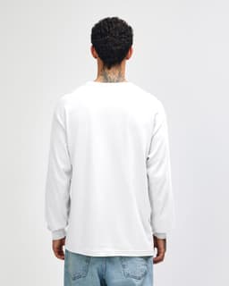 A white heavyweight cotton unisex long sleeve T-shirt displayed from the back, featuring a simple design and a logo.