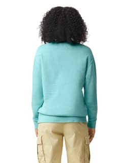 A lightweight crewneck sweatshirt in aqua, featuring a back view of the model wearing it. The design includes a logo.