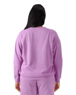 A lightweight crewneck sweatshirt in a soft lavender shade, featuring a relaxed fit and long sleeves.