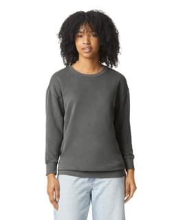 A lightweight crewneck sweatshirt in a dark grey colour, featuring long sleeves and a round neck. It has a logo.