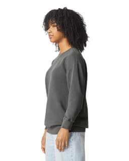 A grey sweatshirt featuring a crewneck design, shown from the side with a relaxed fit and long sleeves.