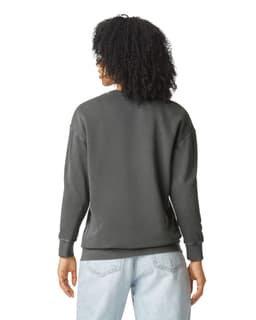 A lightweight crewneck sweatshirt in dark grey, featuring a relaxed fit and long sleeves, with a logo on the back.
