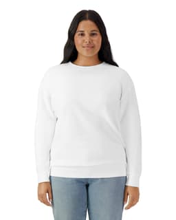 A white lightweight crewneck sweatshirt displayed on a model, featuring a simple design and a logo.
