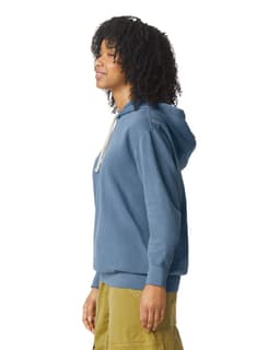 A lightweight hooded sweatshirt in blue, featuring a drawstring hood, side view of a model.