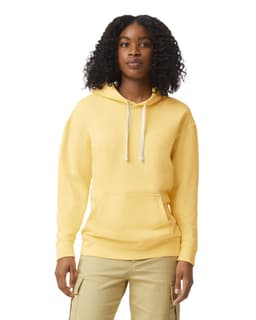 A lightweight hooded sweatshirt in soft yellow, featuring a front pouch pocket and an adjustable drawstring hood.