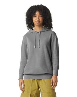 A lightweight hooded sweatshirt in grey, featuring a drawstring hood and a simple design, with a logo present.