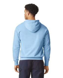 A lightweight hooded sweatshirt in light blue, featuring a hood and a simple design on the back.
