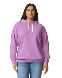 A lightweight hooded sweatshirt in lavender, featuring a relaxed fit and a drawstring hood. Includes a logo.