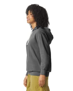 A lightweight hooded sweatshirt in grey, featuring a front pocket and a logo on the chest.