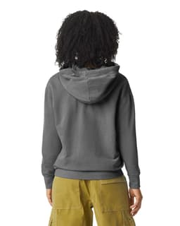 A lightweight hooded sweatshirt in grey with a logo, featuring a casual fit and a hood at the back.