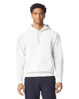 A white lightweight hooded sweatshirt is displayed on a model, featuring a front pocket and a logo.