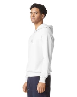 A lightweight hooded sweatshirt in white, featuring a front kangaroo pocket and a logo on the front.