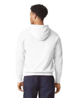 A white lightweight hooded sweatshirt viewed from the back, featuring a hood and casual fit.