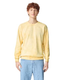 A yellow crewneck sweatshirt with a relaxed fit, featuring a logo. Suitable for casual wear.