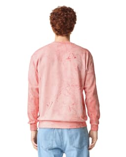 A pink marbled crewneck sweatshirt with long sleeves, featuring a logo on the back.