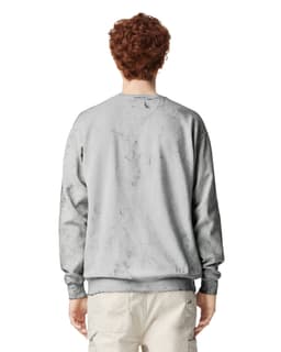A crewneck sweatshirt in a light grey colour, featuring a simple design and a logo on the back.