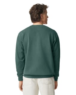 A back view of a green adult crewneck sweatshirt worn by a person. The sweatshirt has a simple design with no visible logos.