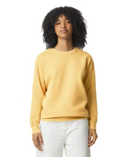 A yellow adult crewneck sweatshirt in a relaxed fit, featuring long sleeves and a logo.