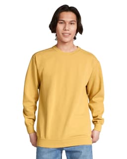 A yellow adult crewneck sweatshirt with long sleeves, featuring a simple design and logo.