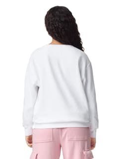 A white adult crewneck sweatshirt viewed from the back, featuring a relaxed fit and long sleeves.