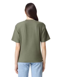 A back view of a unisex olive green mockneck T-shirt, featuring short sleeves and a simple design.