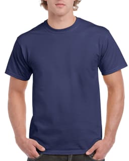 A navy blue Gildan Ultra Cotton adult T-shirt displayed on a person, featuring a logo on the chest area.