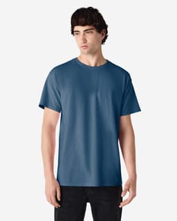 A blue Gildan Ultra Cotton adult T-shirt displayed on a male model, featuring a logo.