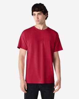 A red Gildan Ultra Cotton adult T-shirt with a plain design and short sleeves, featuring a logo.