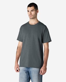 A plain dark grey adult T-shirt displayed on a model, made from Gildan Ultra Cotton fabric.