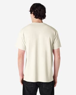 A plain beige adult T-shirt is displayed, featuring a crew neck and short sleeves. It has a logo on the back.