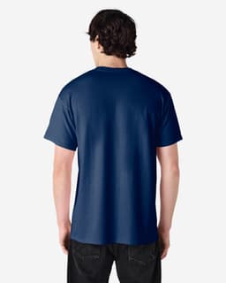 A navy blue Gildan Ultra Cotton Adult T-Shirt displayed from the back, featuring a logo on the neckline.