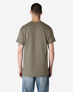 A male model wearing a green Gildan Ultra Cotton adult t-shirt, viewed from the back. Casual fit and short sleeves.