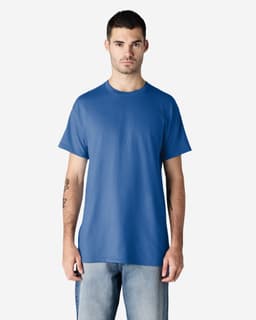 A blue Gildan Ultra Cotton adult t-shirt displayed on a model, featuring a plain design and a logo.