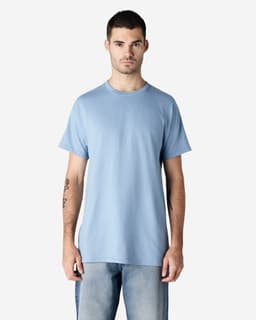 A light blue adult T-shirt on a male model, featuring short sleeves and a round neckline. It has a logo on it.