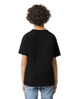 A youth black short sleeve t-shirt with a simple design and a logo on the back, displayed on a child.