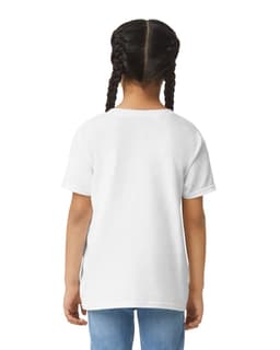 A white short sleeve youth T-shirt with a simple design, featuring a logo on the front.